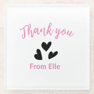 Pink black heart thank you from add name business glass coaster