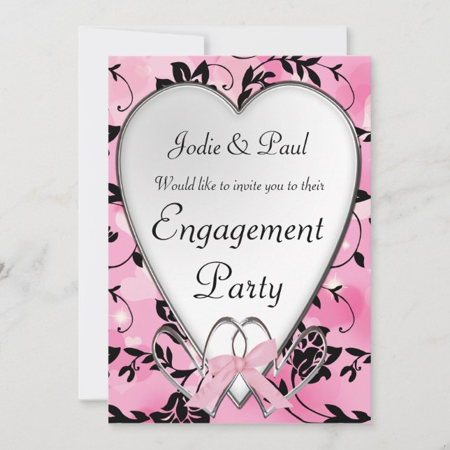 Pink & Black Heart Wedding - Engagement Invitation (Front)