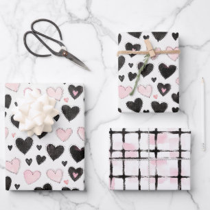 Pink Black Hearts Birthday Wrapping Paper Sheet