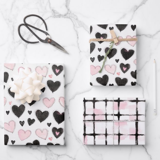 Pink Black Hearts Birthday Wrapping Paper Sheet (Front)