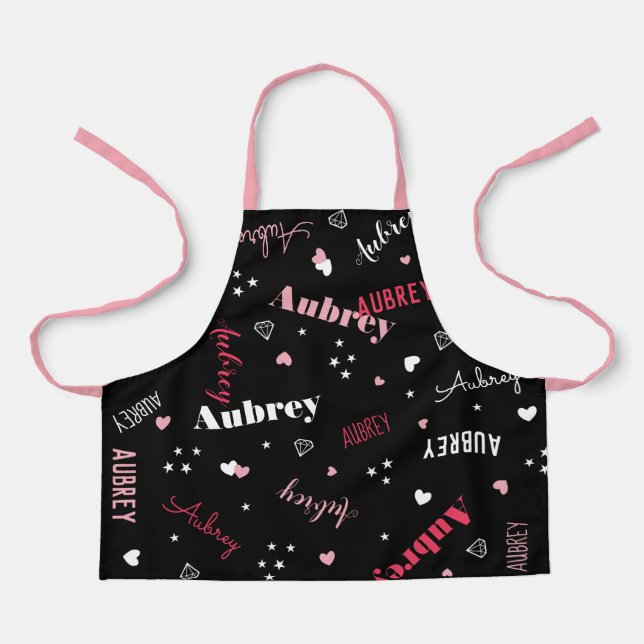 Pink Black Hearts Stars Diamonds Name Apron (Front)