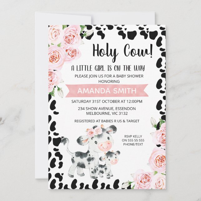 Pink Black Holy Cow Floral Cow Print Baby Shower Invitation (Front)