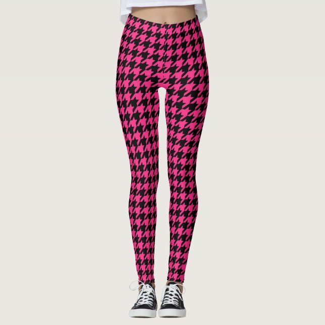 Pink Black Houndstooth Check Leggings (Front)