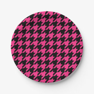 Pink Black Houndstooth Check Paper Plate