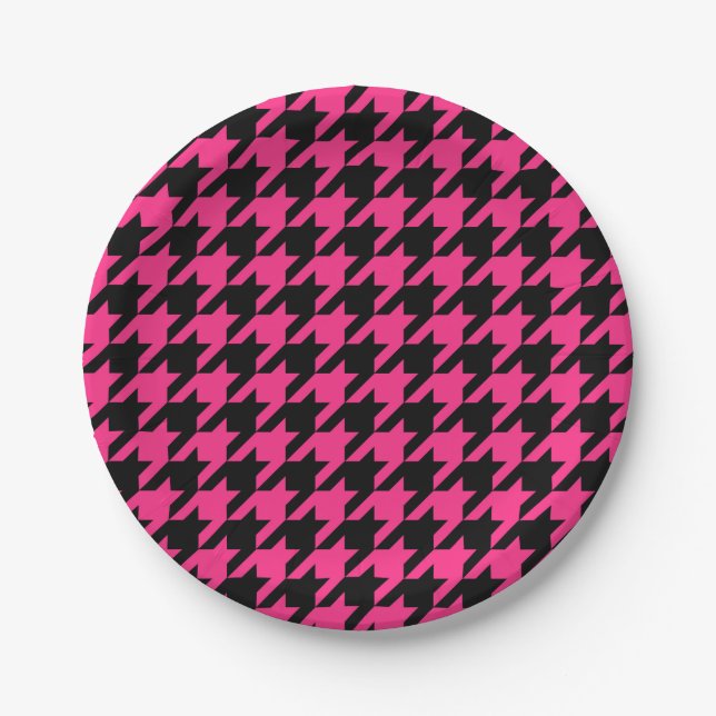 Pink Black Houndstooth Check Paper Plate (Front)