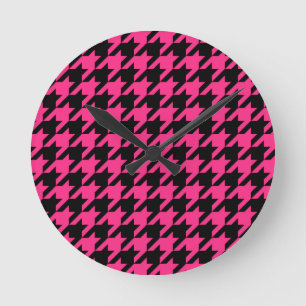 Pink Black Houndstooth Check Round Clock