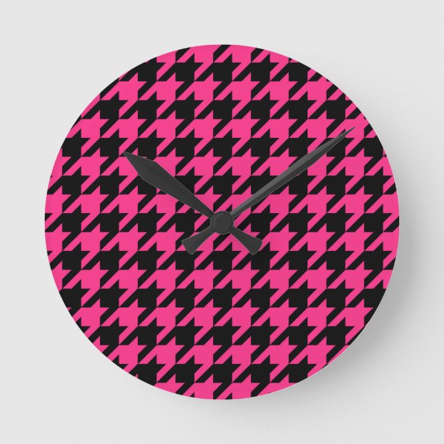 Pink Black Houndstooth Check Round Clock (Front)