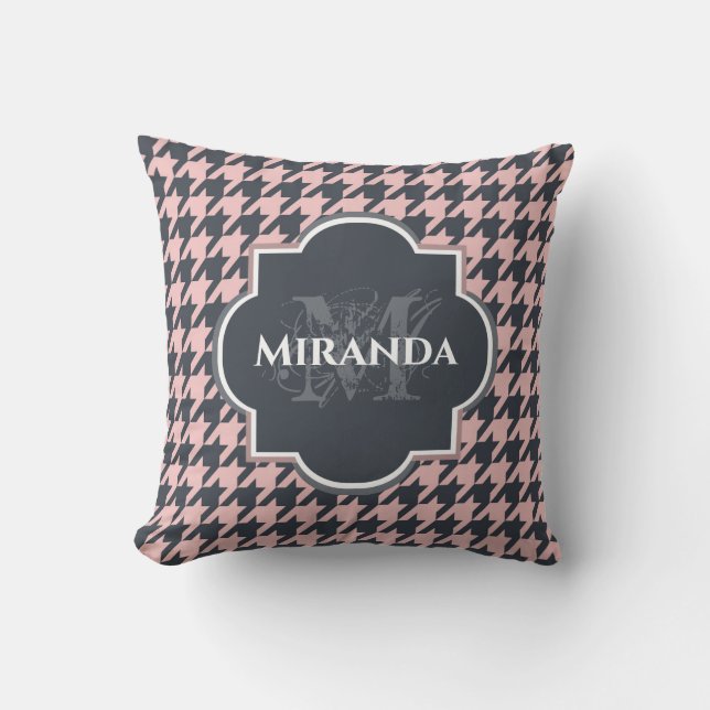 Pink Black Houndstooth Monogram Name Cushion (Front)