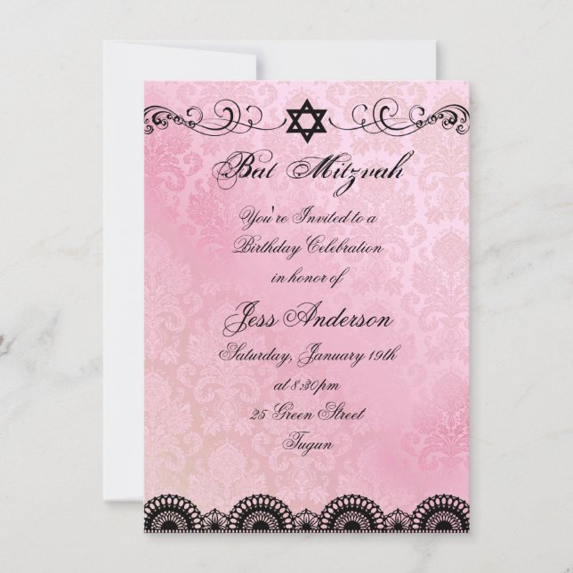 Pink & Black Lace Bat Mitzvah Birthday Invite (Front)