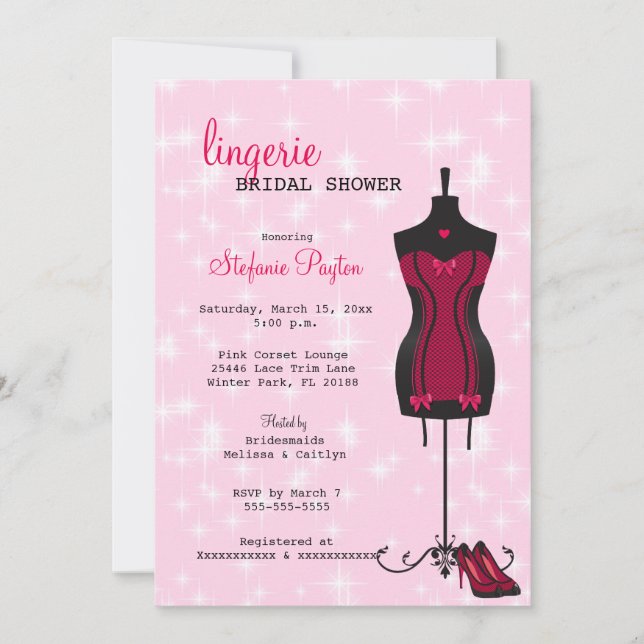 Pink & Black Lace Corset Lingerie Bridal Shower Invitation (Front)