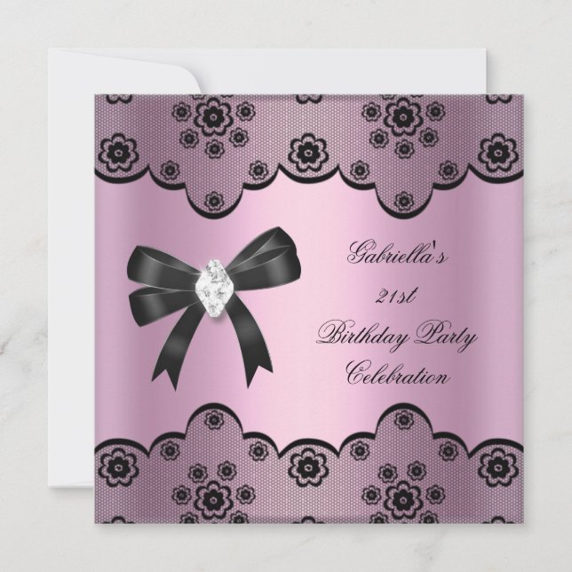 Pink Black Lace Elegant Birthday Party Diamond 2 Invitation (Front)
