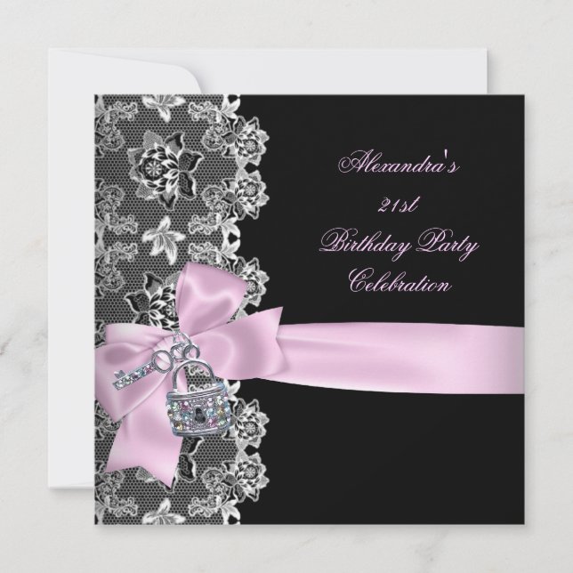 Pink Black Lace Floral Birthday Party Key Lock Invitation (Front)