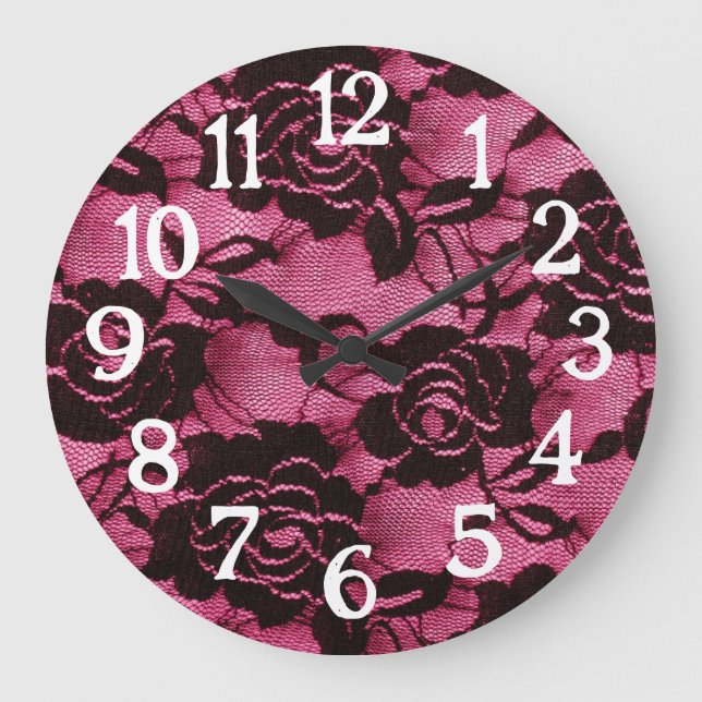 Pink Black Lace Goth Large Clock (Front)