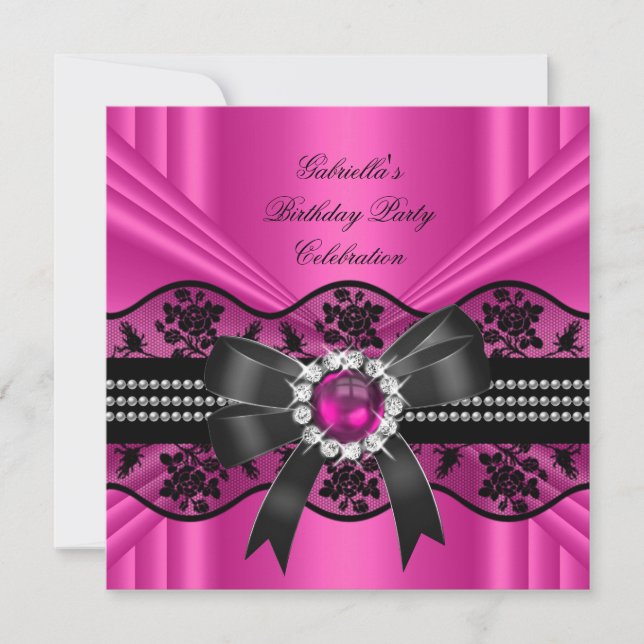 Pink Black Lace Pearl Elegant Birthday Party Invitation (Front)
