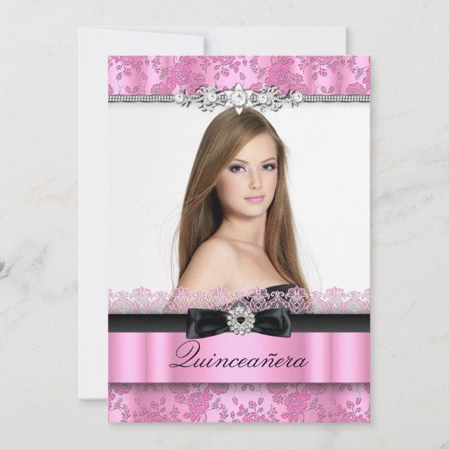 Pink & Black Lace Photo Quinceanera Invitation (Front)