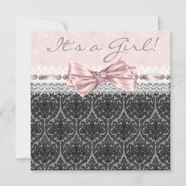 Pink Black Lace Pink Black Baby Girl Shower Invitation (Front)
