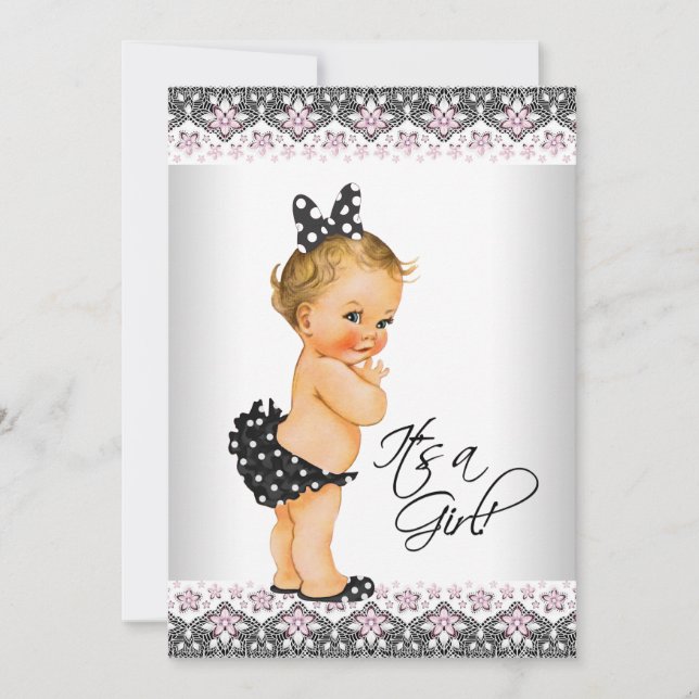 Pink Black Lace Pink Black Baby Girl Shower Invitation (Front)