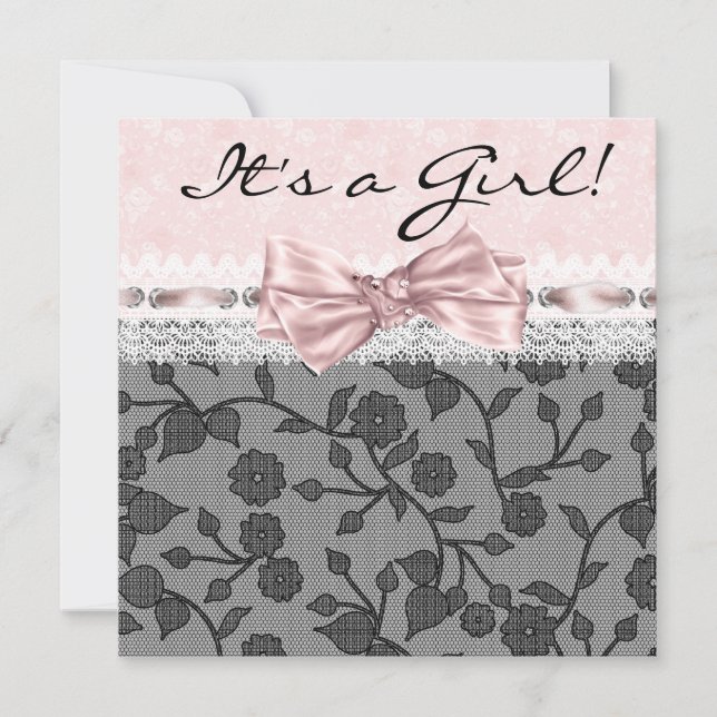 Pink Black Lace Pink Black Baby Girl Shower Invitation (Front)