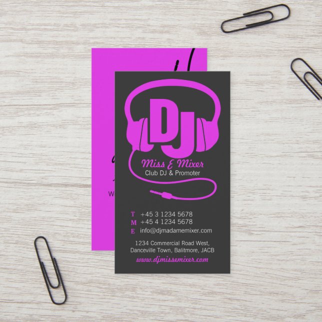Pink & black ladies DJ promoter business card (Front/Back In Situ)