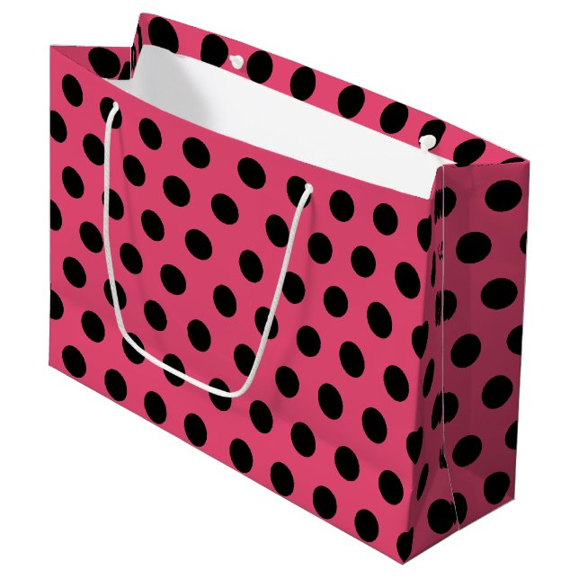 Pink & Black Large Medium Polka Dot Party Large Gift Bag (Front Angled)
