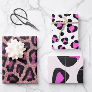 Pink Black Leopard Animal Print Wrapping Paper Sheet
