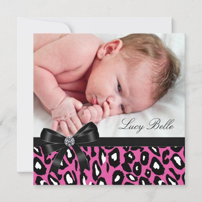 Pink Black Leopard Baby Girl Photo Birth Announcement (Front)
