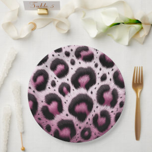 Pink & Black Leopard Fur Animal Print Spots  Paper Plate