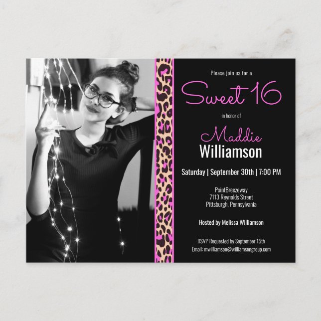 Pink & Black Leopard Photo Sweet 16 Invitation Postcard (Front)