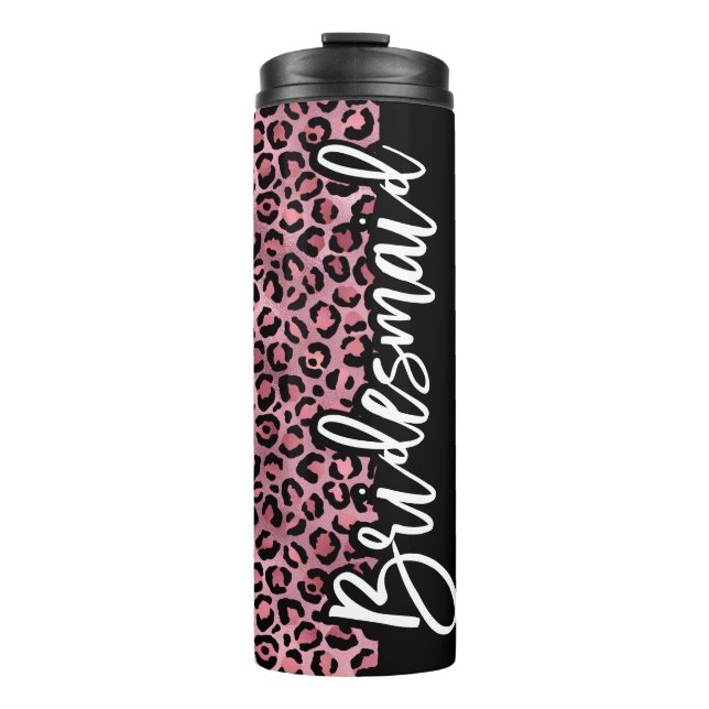 Pink & Black Leopard Print Bridesmaid Bachelorette Thermal Tumbler (Front)