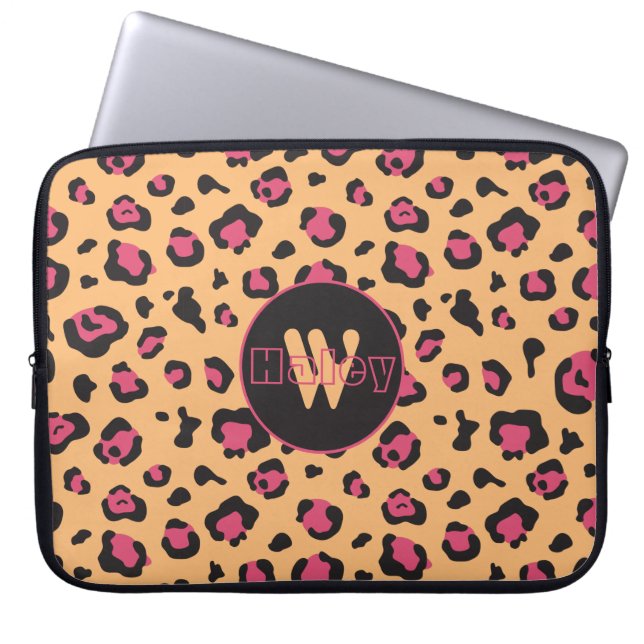 Pink Black Leopard Print Monogram Laptop Sleeve (Front)
