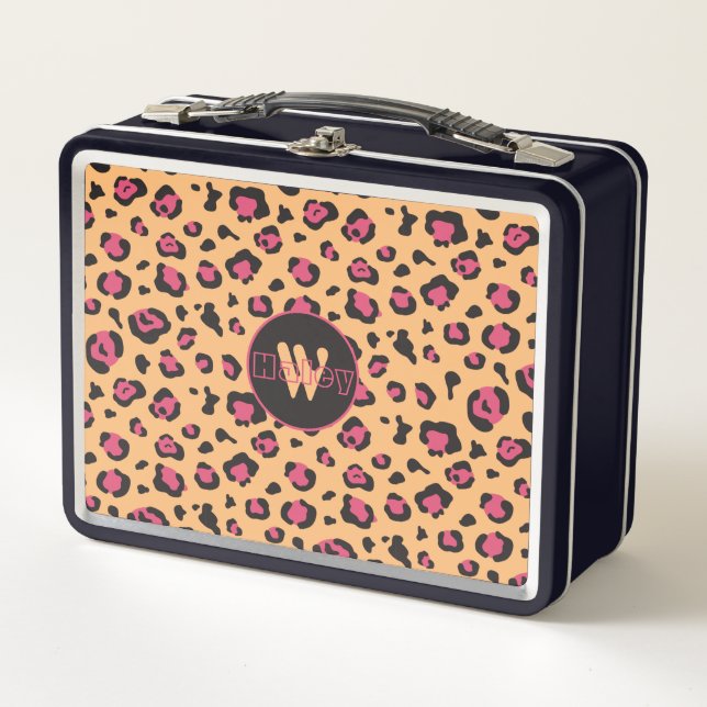 Pink Black Leopard Print Monogram Metal Lunch Box (Front)