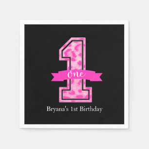 Pink & Black Leopard Print One 1st Birthday Party Napkin