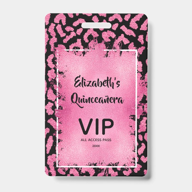 Pink Black Leopard Quinceañera Invite VIP Pass ID Badge (Front)