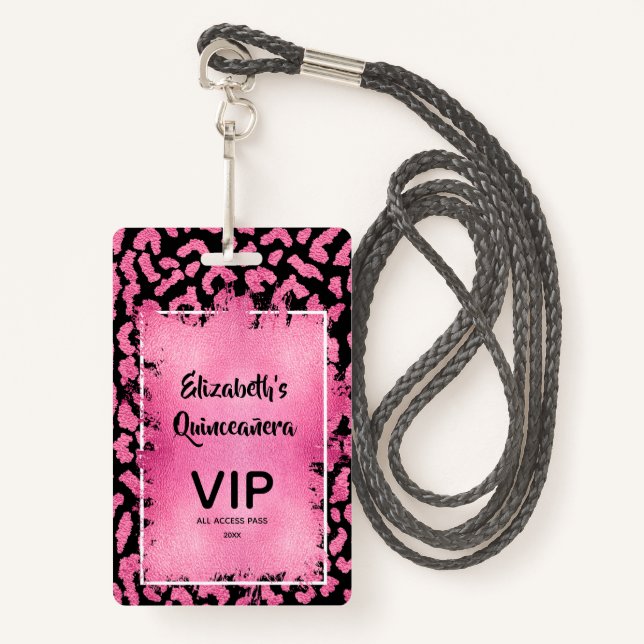 Pink Black Leopard Quinceañera Invite VIP Pass ID Badge (Front with Lanyard)