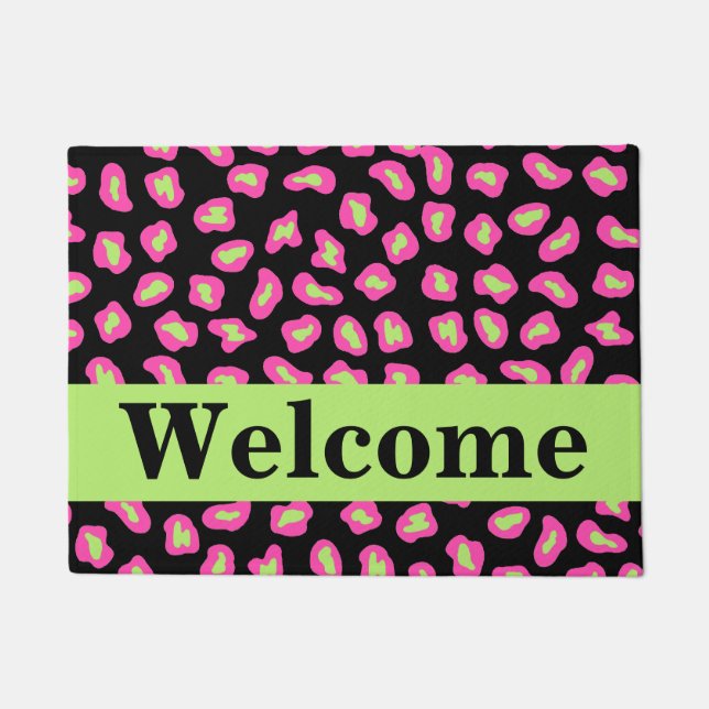 Pink Black Lime Green Leopard Skin Welcome Doormat (Front)