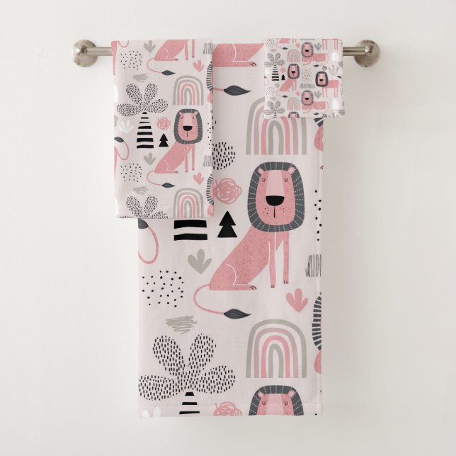 Pink Black Lions Boho Rainbows Modern Bath Towel Set (Insitu)