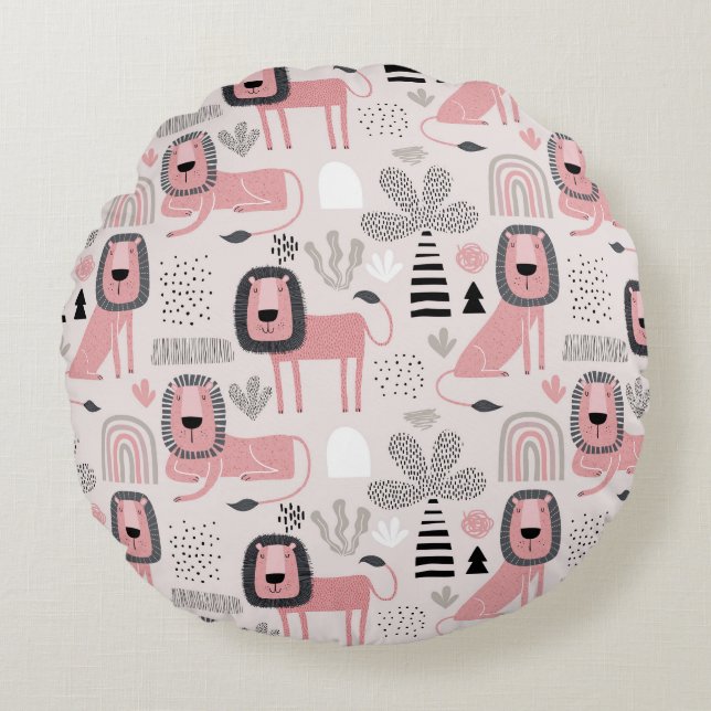 Pink Black Lions Boho Rainbows Modern Round Cushion (Front)