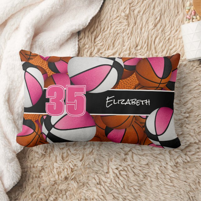pink black lots of basketballs girls sports room lumbar cushion (Blanket)