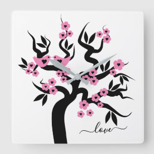 Pink, black Love birds cherry tree & blossoms Square Wall Clock