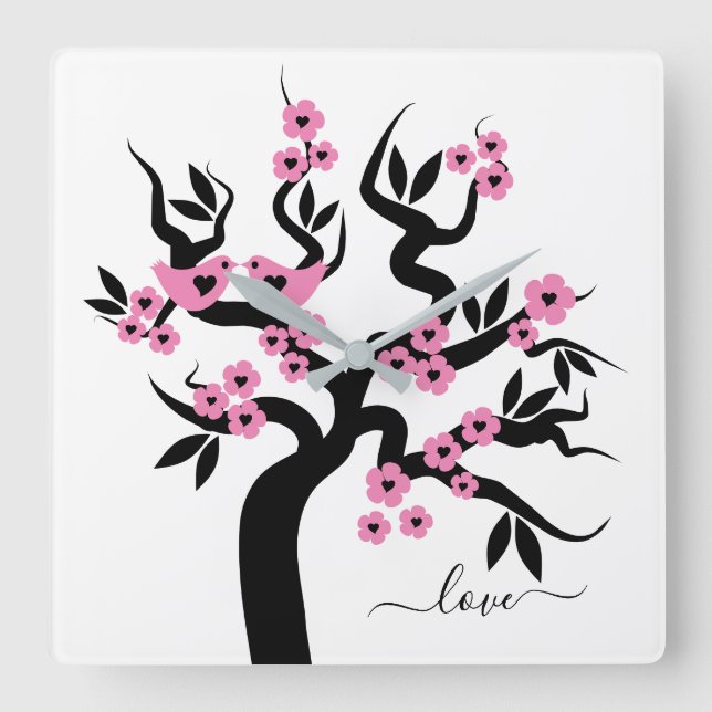 Pink, black Love birds cherry tree & blossoms Square Wall Clock (Front)