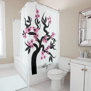 Pink black Love birds sakura cherry tree, blossoms Shower Curtain