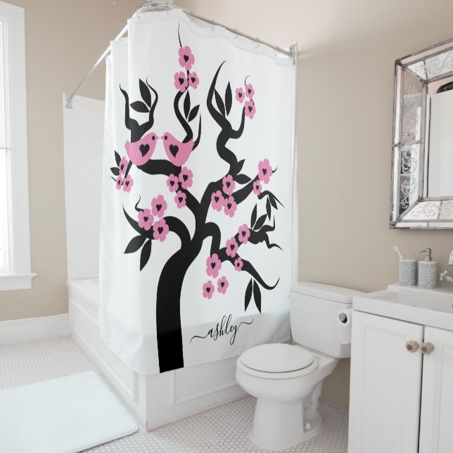 Pink black Love birds sakura cherry tree, blossoms Shower Curtain (In Situ)