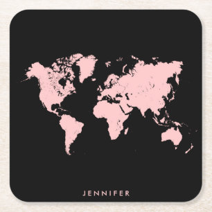 Pink & Black Map Square Paper Coaster