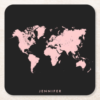 Pink & Black Map Square Paper Coaster