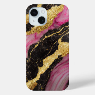 Pink Black Marble Pattern with Gold iPhone 15 Case