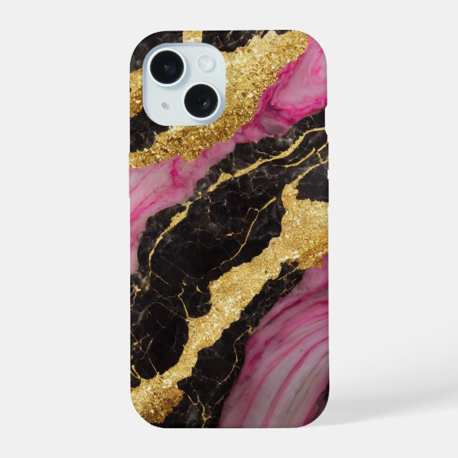 Pink Black Marble Pattern with Gold iPhone 15 Case (Back)