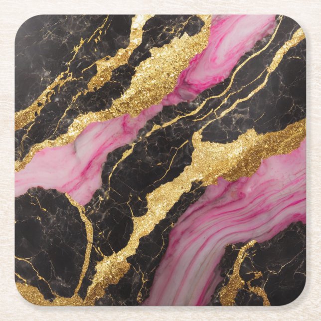 Pink Black Marble Pattern with Gold Square Paper Coaster (Front)