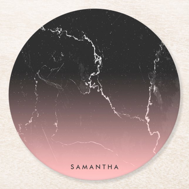 Pink & Black Marble Round Paper Coaster (Front)
