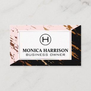 Pink Black Marble Speckled Gold Monogram Business Card