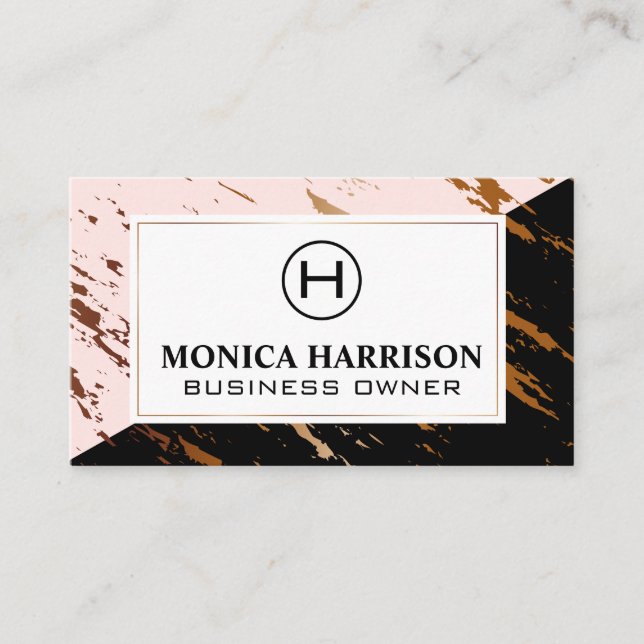 Pink Black Marble | Speckled Gold | Monogram Business Card (Front)